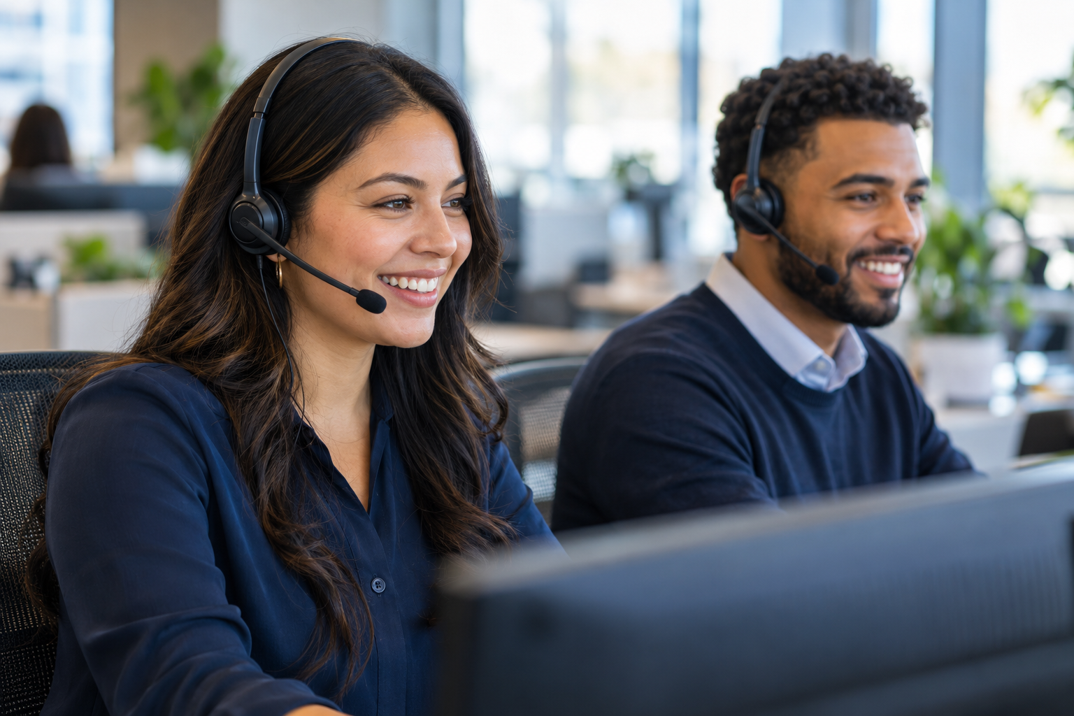 Two smiling call-center agents working at adjacent desks with headsets