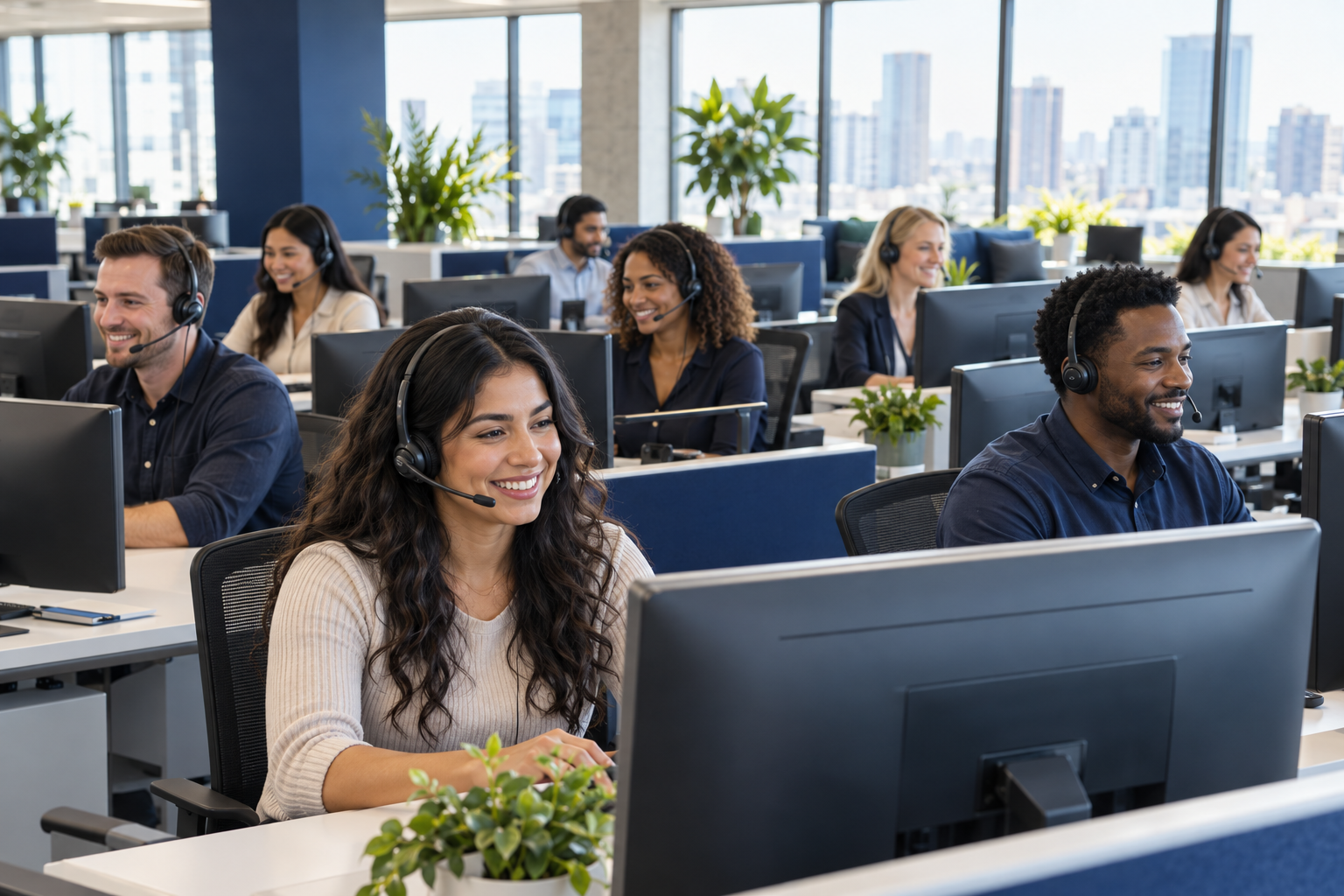 A larger call-center team working at headsets and computers