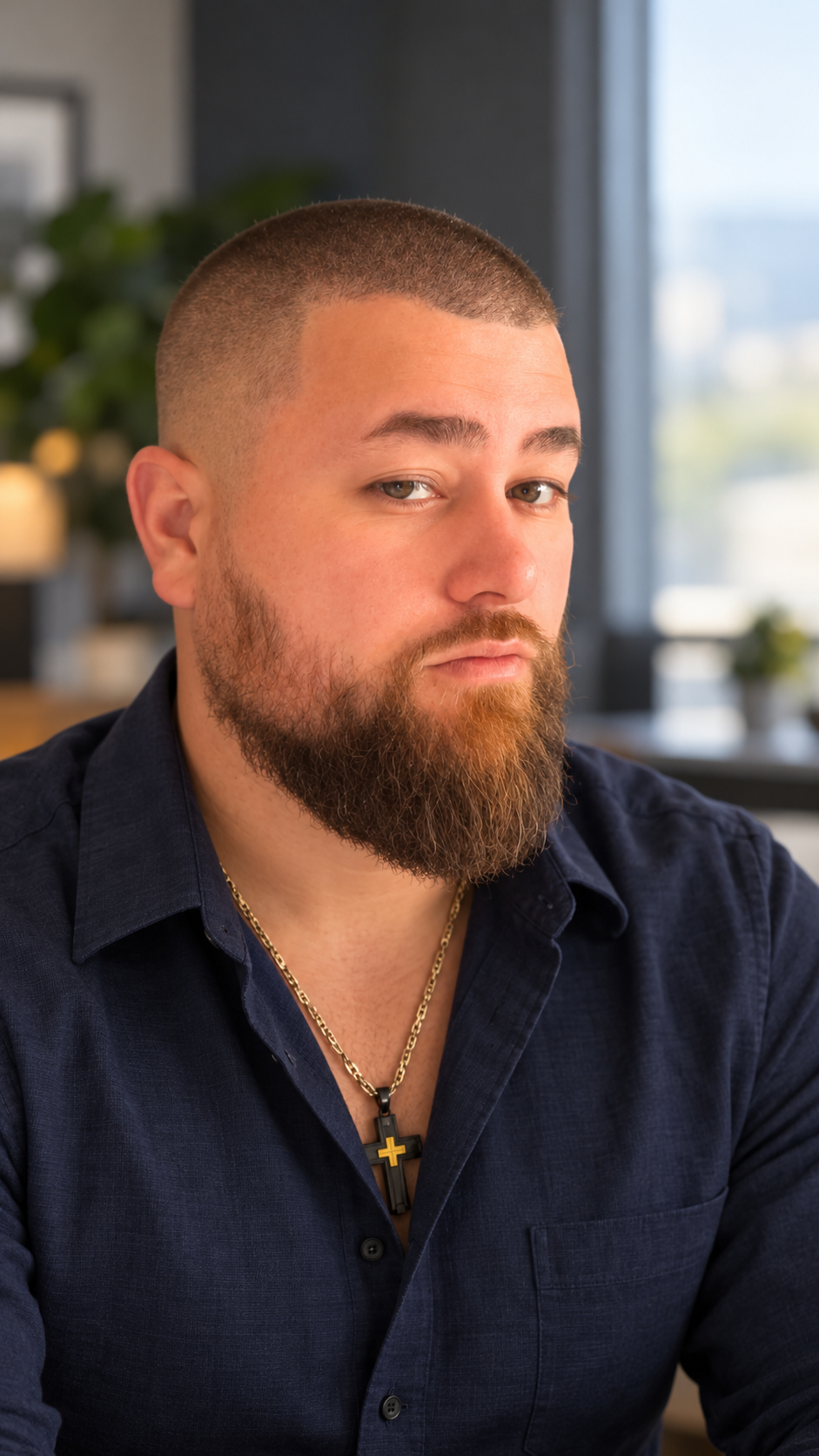 Tyler Jaquez, founder of Legacy Connect, wearing a navy button-down shirt